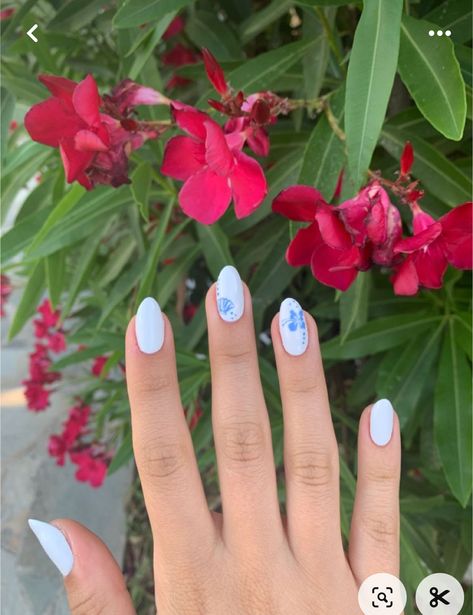 Tropical Nails Short Simple, Beachy White Nails, White Nails With Flower Designs, Florida Vibe Nails, White Nails With Summer Designs, White Nails With Blue Design Simple, White Gel Nails With Flowers, White Nails With Hawaiian Flower, White Nails Hibiscus