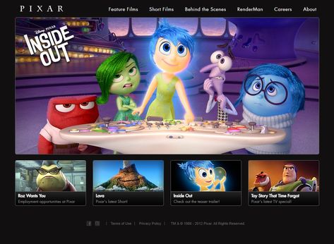 Pixar website in 2014 Web Design Creative, Interactive Web Design, Best Animation, Concept Web, Website Concept, Disney Website, Graphic Design Fun, Dark Photography, Disney Films