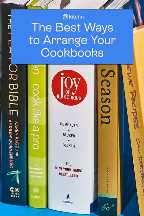 We asked a few professional organizers for their best tips for keeping cookbooks accessible yet organized — and a few super-helpful product suggestions, too. Cookbook Organization Storage, Recipe Book Shelf In Kitchen, Storing Cookbooks In Kitchen, Cookbook Organization Ideas, How To Style Cookbooks In Kitchen, How To Store Cookbooks, Kitchen Recipe Book Display, Cookbook Display Ideas, Cookbook Library Display