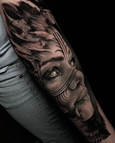 Mother Nature by Jay Sampaguita, an artist at Raise Tattoo in Paris, France. Valkyrie Tattoo, Mother Nature Tattoos, Black And Grey Tattoo, Tattoos Black, Native American Tattoos, Realistic Tattoo Sleeve, Muster Tattoos, Warrior Tattoos, Mythology Tattoos