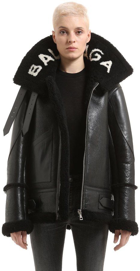 Balenciaga Logo Shearling & Leather Jacket Balenciaga Leather Jacket, Shearling Leather Jacket, High Collar Jacket, Balenciaga Jacket, Women Logo, Balenciaga Leather, Balenciaga Women, Jackets Black, Balenciaga Black