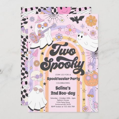 $3.08 | Two Spooky Halloween Groovy Ghost 2nd Birthday | Halloween Birthday Invitations | halloween birthday, halloween party, spooktacular party, ghost birthday party, retro halloween party, groovy halloween party, hippie halloween party, spooky vibes party, two spooky birthday, two spooky party Ghost Birthday Party, Retro Halloween Party, Halloween Theme Birthday, Ghost Birthday, Groovy Ghost, Halloween First Birthday, Halloween Themed Birthday Party, Halloween 1st Birthdays, Hippie Halloween