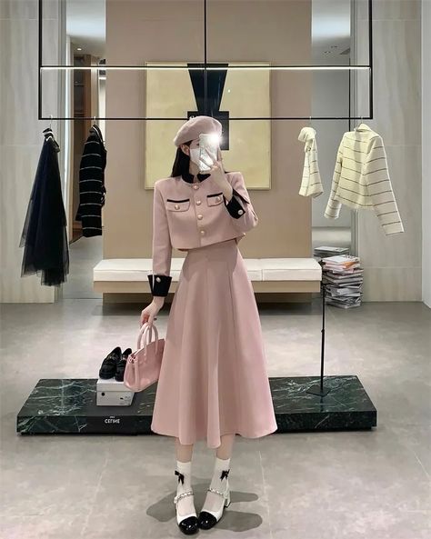 Set Dạ Tweed, Crop Coat And Skirt, Korean Dress Elegant Long, Korean Fashion Dress Elegant, Korean Dress Elegant, Long Skirt Suits, Suits Korean, Dress Elegant Long, Ladies Short Jackets