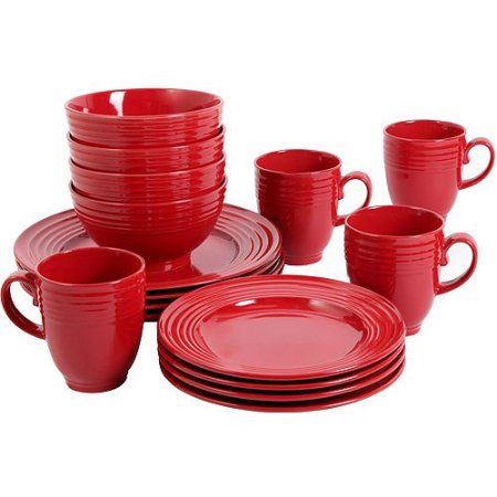 Red Dinnerware Set, Dinnerware Sets Walmart, Stoneware Dinner Sets, Red Dinnerware, Red And White Kitchen, Red Dishes, Fine Dinnerware, Kitchen Jars, Wine Decor