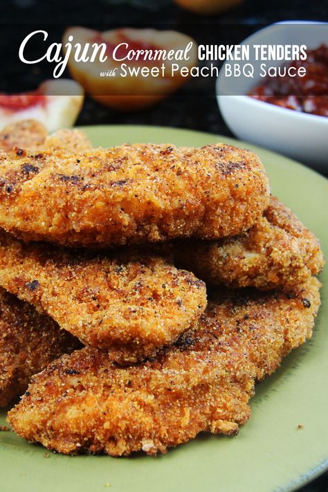 Spicy-Cajun-Cornmeal-Chicken-Tenders-(main5) Dinner Cravings, Chicken Breaded, Peach Bbq, Fettucini Alfredo, Fried Chicken Tenders, Carlsbad Cravings, Tandoori Masala, Cajun Chicken, Cajun Recipes