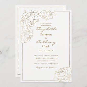 Simple Wedding Invitations Elegant Gold, Wedding Invitations Gold And White, White And Gold Invitations, Bridal Shower 2023, Elegant Wedding Invitations Classy, Wedding Invitations Classy, Romantic Elegant Wedding, Shower 2023, Peony Wedding Invitations