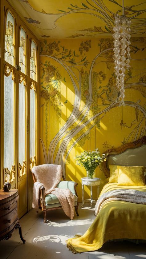 Discover a tranquil yellow wallpaper bedroom infused with Art Nouveau charm. Intricate floral patterns, flowing lines, and sunlight streaming through ornate windows create a harmonious space. Antique wooden furniture, a cozy vintage armchair, and whimsical chandelier enhance comfort and elegance. Experience the beauty of early 20th-century design principles in this inviting sanctuary. #YellowWallpaper #ArtNouveau #HomeDecor #InteriorDesign Yellow Eclectic Bedroom, Yellow Floral Wallpaper Bedroom, Yellow Maximalist Bedroom, Yellow Chinoiserie Bedroom, Art Nouveau Apartment Interior, Yellow House Aesthetic Interior, Art Nouveau House Interior, Yellow And Gold Bedroom, Art Nouveau Interior Bedroom