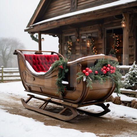 Santa Sleigh Photoshoot, Christmas Sleigh Photoshoot, Christmas Sleigh Decorations Outdoor, Old Sleds Decorated For Christmas, Wooden Sleigh Diy, Sleighs Christmas, Wooden Santa Sleigh, Christmas Sleigh Decorations, Vintage Sleigh