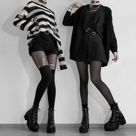 ⛤ Rags n Rituals ⛤ on Instagram: “Which outfit is your favorite? Left or Right? 💜 🤘🏻 @blxckpetal . #goth #gothic #gothgirl #alternative #emo #dark #grunge #alternativegirl…” Egirl Fashion, Mode Mantel, E Girl Outfits, Alt Outfits, High Heels Boots, Aesthetic Grunge Outfit, Tomboy Style Outfits, Rock Punk, Alt Fashion