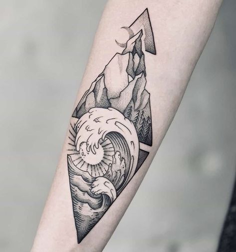 Ocean Inspired Tattoos Men, Ocean Tattoo Men, Ocean Forearm Tattoo, Big Forearm Tattoo, Tattoo Ideas Water, Ocean Mountain Tattoo, Elemental Tattoos, Mountain And Wave Tattoo, Ty Tattoo