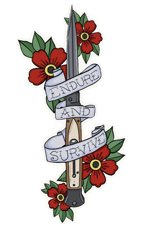 Inspired by the popular video game and television series The Last of Us. Ellies switchbade knife and flowers drawn in a traditional american tattoo style, with a banner stating Endure and Survive. The Last Of Us Tattoo Endure And Survive, Ellie Knife Tattoo, Endure And Survive Tattoo, The Last Of Us Tattoo, Last Of Us Tattoo, Traditional American Tattoo, Endure And Survive, Sleeve Filler, Flowers Drawn