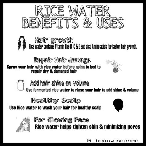 Rice water has a multitude of components with nutritional value for the skin and hair. #rice #ricewater #beautyhacks Rice Water Benefits, Water Hair, Natural Beauty Diy, Rice Water, Hair Rinse, Beauty Diy, Hair Growth Faster, Dry Damaged Hair, Hair Shine