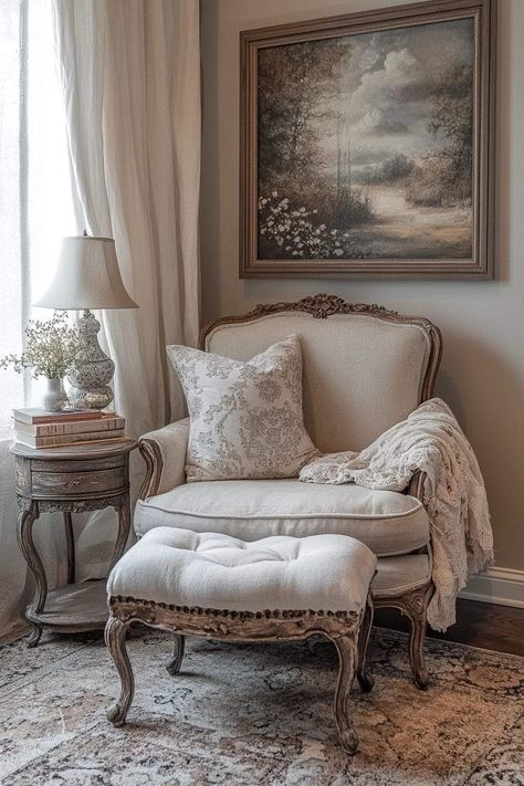 Shabby Chic Decor Ideas, Bedroom Table Lamps, Peeling Wallpaper, Faded Fabric, Country Cottage Farmhouse, Personal Retreat, Intimate Space, French Country Furniture, Comfy Armchair