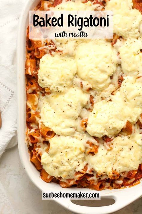 Baked Rigatoni with Ricotta combines lean turkey sausage, rigatoni pasta, homemade marinara sauce, and ricotta cheese. This simple pasta dish is creamy and delicious and will be a hit with the whole family! Baked Rigatoni With Ricotta, Sausage Rigatoni Pasta, Homemaker Recipes, Apple Streusel Cake, Sausage Rigatoni, Pasta Homemade, Rigatoni Recipes, Homemade Marinara Sauce, Baked Ricotta