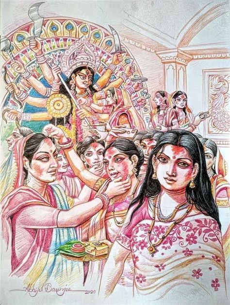 Durga Drawing, Village Scene Drawing, Watercolor Art Face, Composition Painting, Bengali Art, Human Figure Sketches, Scene Drawing, Beautiful Art Paintings, Hinduism Art