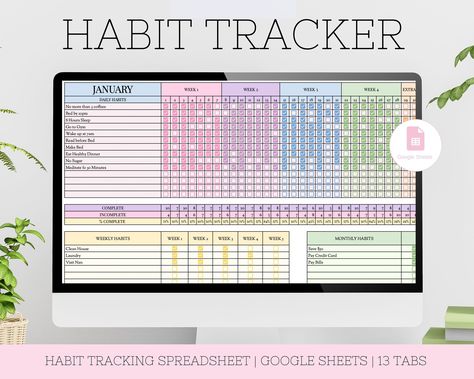 Track your habits throughout the year using our custom-made Google Sheet template! This planner helps you stay organized and motivated in achieving daily Habit Tracker Excel Template, Habit Tracker Google Sheets, December Tracker, Excel Habit Tracker, Habit Tracker Spreadsheet, Google Sheets Templates, Habit Tracker Digital, Annual Goals, Get More Sleep