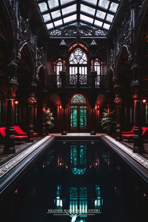 Dark Indoor Pool, Gothic House Interior Living Room, Gothic Swimming Pool, Fantasy Penthouse, Neo Gothic Interior Design, Gothic Pool, Gothic Mansion Interior, Goth Pool, Opulence Aesthetic