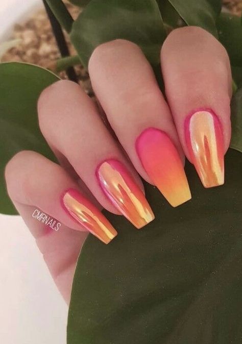 Nails Beach Design, Fallnails Autumn, Pink Chrome Nail, Chrome Nail Design, Chrome Nails Art, Orange Acrylic Nails, Sunset Nails, Orange Nail Designs, Nails Beach