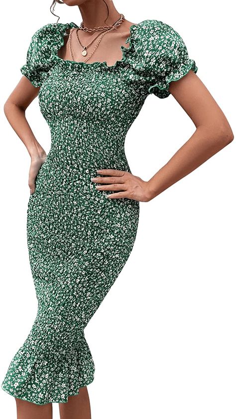 Floerns Women's Floral Print Square Neck Puff Short Sleeve Bodycon Midi Dress A Green L at Amazon Women’s Clothing store Square Neck Dresses, Mermaid Midi Dress, Multicolor Maxi Dress, Bad Dresses, Wrap Shirt Dress, Corduroy Overall Dress, Midi Bodycon Dress, Tie Maxi Dress, Summer Pregnancy