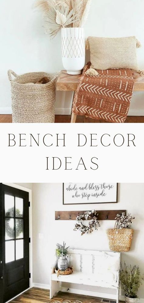 Benches are a great space to decorate for your entryway, living room, bedroom, porch, patio, outdoor, and even more! Decorate them for any season or holidays like Christmas, Halloween, Easter, and Thanksgiving. Add throw pillows and blankets to make the space feel more warm and cozy. Keep it simple and put nothing on your bench. One great thing you can also do with a bench is create storage, like a little mudroom. Read our bench decorating ideas for more tips and tricks! How To Decorate Bench In Living Room, Simple Small Entryway Ideas, Styling An Entryway Bench, How To Style An Entry Bench, Decorate Bench Entryway, Fall Entry Bench Decor, Fireplace Bench Decor, How To Style A Bench In Living Room, How To Decorate A Bench Entryway