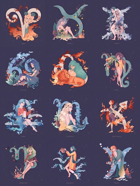 Zodiac Signs Animals, Character Design Concept Art, Pieces Zodiac, Illustration Calendar, Horoscope Art, Zodiac Characters, Body Positivity Art, Anime Zodiac, Signs Astrology