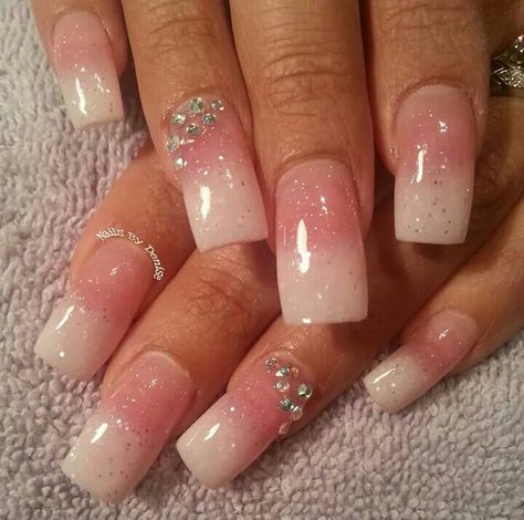 Pink and white fade nails Very Square Nails, Pink And White Ombre Glitter Nails, Clear Pink And White Ombre Nails, Pink White Ombre Nails Sparkle, Pink And White Sparkly Ombre Nails, Pink And White Nails French, Pink And White Ombre Nails Tapered Square, 90s Curved Nails French Tip, Flare Nails