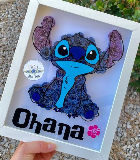 Lilo And Stitch Gift Ideas Diy, Stitch Birthday Basket, Cricut Stitch Projects, Diy Stitch Room Decor, Stitch Disney Gift Ideas, Stitch Shadow Box Ideas, Stitch Gift Ideas Disney, Stitch Wall Decor, Lilo And Stitch Diy Gifts