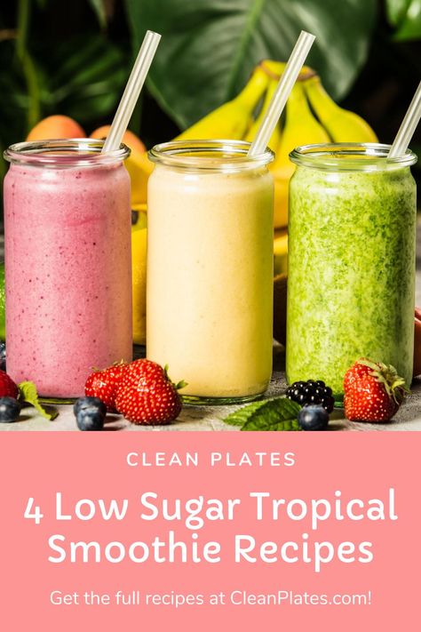 Transport yourself to a tropical oasis with one of these low sugar smoothies Low Sodium Smoothie Recipes, Low Glycemic Smoothie Recipes, Healthy Tropical Smoothie Recipes, Low Sugar Fruit Smoothies, Low Glycemic Smoothies, Low Sugar Juicing Recipes, Low Sugar Smoothie Recipes, Smoothie Recipes For Diabetics, Tropical Smoothies