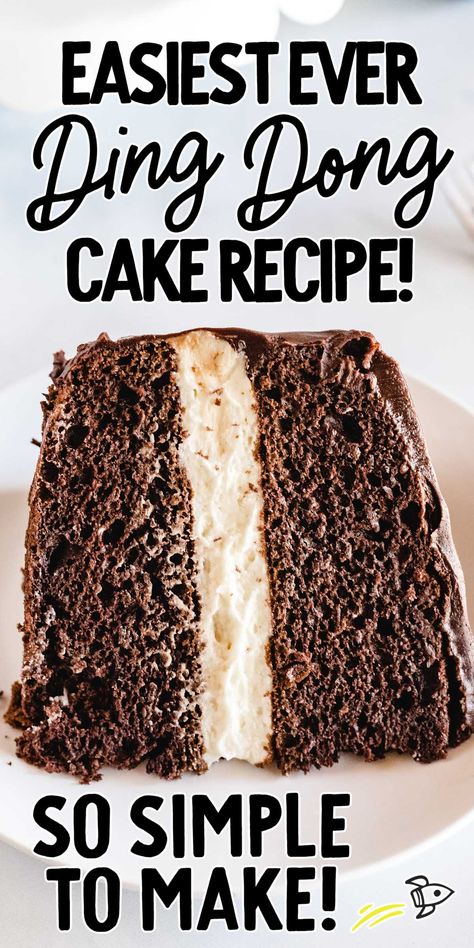 This easy-to-make Ding Dong cake features two rich chocolate cake layers, vanilla cream filling, and decadent chocolate ganache. Ding Dong Cake Recipe, Chocolate Filling For Cake, Ding Dong Cake, Vanilla Cream Filling, Cake Mix Desserts, Cake Filling Recipes, Cake Layers, Rich Chocolate Cake, Chocolate Layer Cake