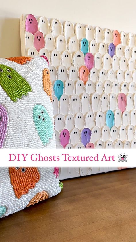 Pastels are all the rage this year when it comes to Halloween Decor, so I decided to take some inspo from this pastel ghost pillow and make… | Instagram Spooky Cute Halloween Decor, Ghost Spackle Art, Ghost Texture Art, Halloween Texture Art, She Found Her Boo Decorations, Easy Diy Halloween Paintings, Halloween Crafts For Big Kids, Diy Summerween Decorations, Halloween Craft Teens