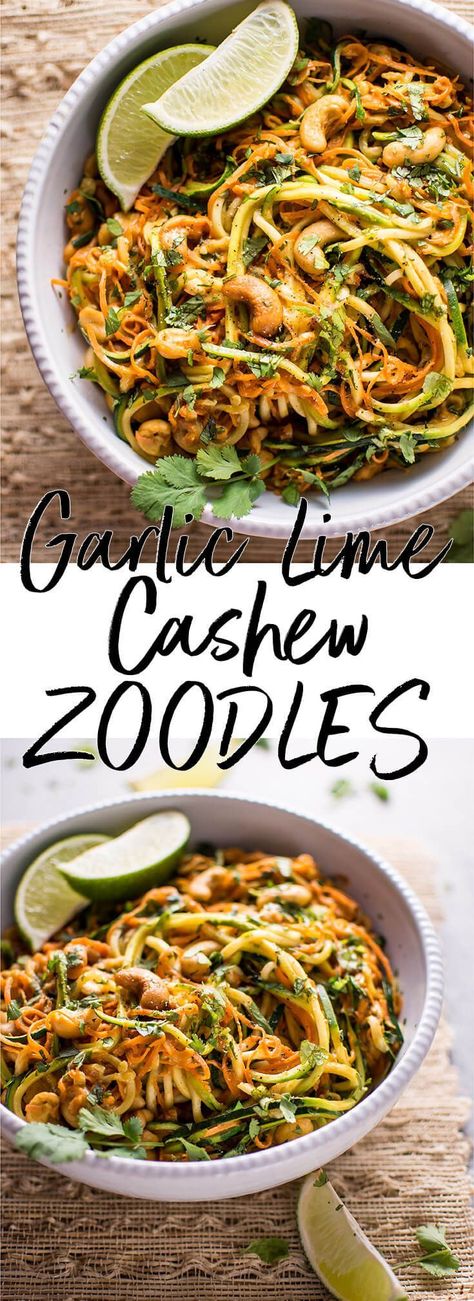 These 15 minute garlic lime cashew zoodles are a super easy and healthy vegan meal option. This is a snap to make, and the sauce is addictive! Lactose Free Recipes, Zoodle Recipes, Veggie Noodles, Spiralizer Recipes, Resep Diet, Makanan Diet, Man Food, God Mat, Vegan Keto