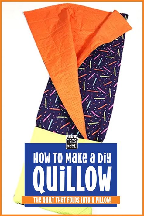 Beginner's sewing project: How to sew a quillow, or a quilt that folds into a pillow. Step-by-step and video tutorial featuring Crayola® Colors of Kindness fabric from Riley Blake Designs. Includes how to fold a quillow, how to turn any quilt into a quillow and how to make a quillow from 4 yards of fabric. Quillow Pattern, How To Fold, Quilt Block Pattern, Diy Sewing Pattern, Sewing Material, Sewing Organization, Sewing Projects For Beginners, How To Turn, Quilting Crafts