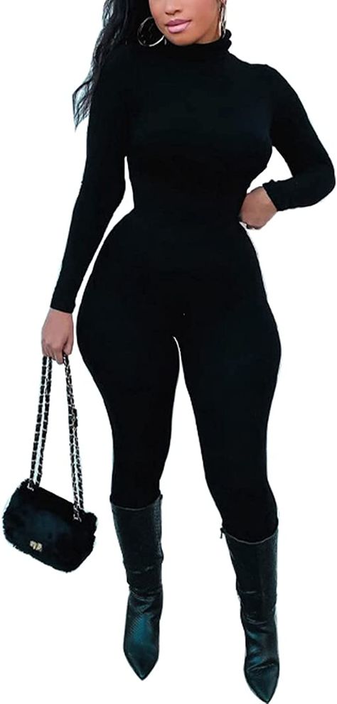 Amazon.com: Azhong Women's Sexy Long Sleeve Turtleneck Jumpsuits Bodycon Back Zipper High Waist One Piece Casual Club Rompers Black : Clothing, Shoes & Jewelry Black Turtleneck Jumpsuit, Long Sleeve Romper Outfit, Bodycon Jumpsuit Outfit, Outfit Ideas With Boots, Club Romper, Girls Night Outfit, Bodycon Jumpsuit, Body Suit Outfits, Designer Jumpsuits