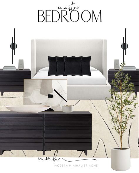 Bedroom Ideas Black Nightstand, City Furniture Bedroom, Black Nightstands Bedroom Ideas, Modern Bedroom Design Black And White, Master Platform Bedroom Ideas, White Bed Black Nightstand, Cb2 Bedroom Inspiration, Cream And Black Bedroom Ideas, Modern Bedroom Black And White