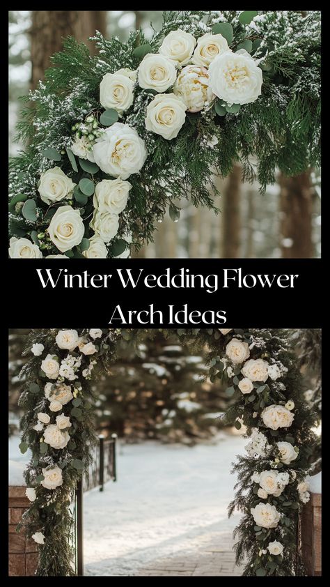 Elegant winter wedding flower arch decorated with white roses, evergreen, and seasonal accents. Poinsettia Wedding Arch, White Roses Winter Wedding, Wedding Arch Winter, Winter Wedding Arch Ideas, Flower Arch Ideas, Winter Wedding Garland, Black And White Winter Wedding, Frosty Flowers, Winter Wedding Arch