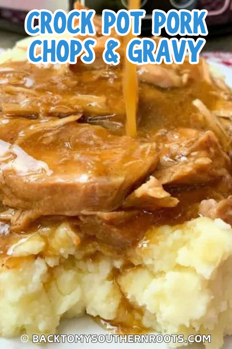 Pork chops and gravy on top of mashed potatoes. Easy Pork Chop Dinner, Pork Chops Recipes, Slow Cooker Pork Chops Recipes, Pork Crockpot Recipes, Pork Chop Recipes Crockpot, Pork Chops And Gravy, Slow Cooker Beef Stroganoff, Easy Pork Chops, Easy Pork Chop Recipes