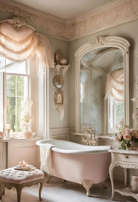 Rococo Bathroom, French Country Bathroom Ideas, French Inspired Bathroom, Victorian Bathroom Ideas, Vintage Bathroom Design, Country Bathroom Ideas, French Bathroom, French Country Bathroom, Vintage Tub