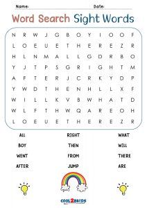 Printable 1st Grade Word Search - Cool2bKids 1st Grade Worksheets Free Printables Fun, Sight Word Printables Free, Grade 1 Worksheets, Sight Word Worksheets Free, Word Puzzles For Kids, Sight Words Worksheets, Easy Word Search, Kids Word Search, First Grade Words