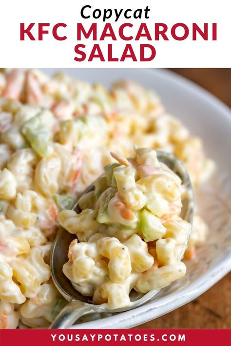 Spoon in a dish of macaroni salad. Kfc Macaroni Salad, Deli Macaroni Salad Recipe, Macaroni Salad Recipes, Homemade Macaroni Salad, Macaroni Salad Ingredients, Salad Copycat, Copycat Kfc, Chicken Macaroni Salad, Easy Macaroni Salad