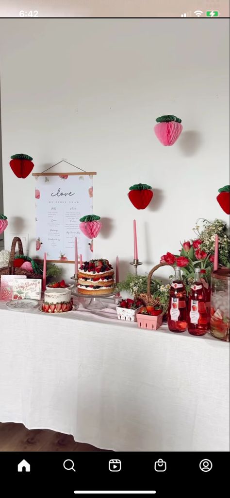 Strawberry Party Dessert Table, Berry First Birthday Food Table, Strawberry Theme Party Decorations, Strawberry Candy Table, Berry 2nd Birthday Party, Strawberry Theme Decorations, Strawberry Table Decor, Strawberry Table Setting, Berry Themed Birthday Party