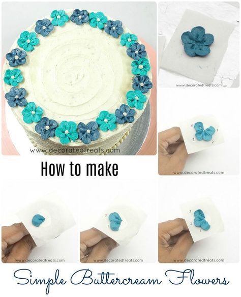 How to Pipe Simple Buttercream Flowers Easy Buttercream Flowers, Cake Decor Ideas, Decorated Desserts, Buttercream Flowers Tutorial, Flowers For Beginners, Flower Cake Design, Frosting Flowers, Rhubarb Cake, Make Flowers