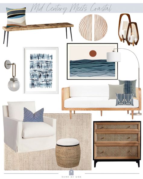 Mid Century Modern Beach House Bedroom, Coastal 70s Home, Mid Century Mod Coastal, Mid Century Modern Nautical, Mid Century Modern Coastal Decor, Mid Century Modern Beach Living Room, Mcm Coastal Decor, Midcentury Beach House Decor, Retro Coastal Interior