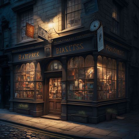 Fantasy Book Store Concept Art, Book Store Concept Art, Fantasy Shopping District, Magic Shop Exterior, Fantasy Tailor Shop, Fantasy Antique Shop, Fantasy Shop Exterior, Fantasy Bookstore, Fantasy Street