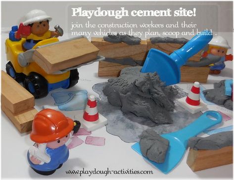 Playdough cement and building block construction site Construction Playdough, Clay Activities, Clay Activity, Block Building, Construction Games, Playdough Activities, Playdough Mats, Cement Mixers, Playdough Recipe