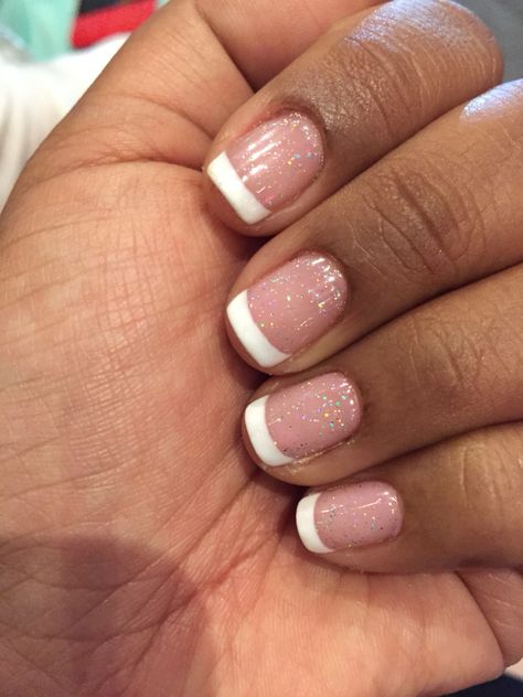 Shellac French Manicure With Glitter, Engagement Nails Acrylic Short, French Tip Shellac Nails With Design, Shimmer French Manicure, Shimmery French Manicure, French Manicure With Shimmer, Glittery French Manicure, Gel French Manicure With Glitter, French Nails With Glitter Top Coat