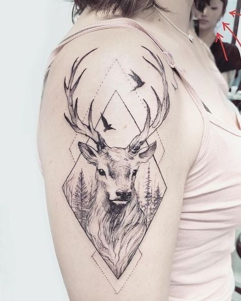 Deer Tattoos For Men, Rebecca Tattoo, Stag Tattoo Design, Hirsch Tattoo Frau, Buck Tattoo, Tattoo Bein Frau, Deer Tattoos, Deer Head Tattoo, Antler Tattoo