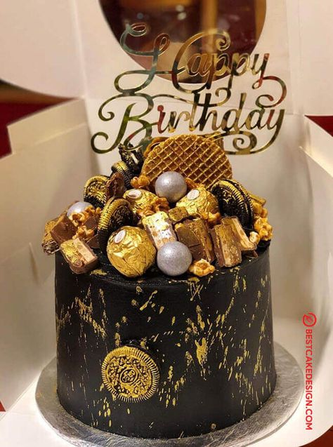 50 Chocolate Cake Design (Cake Idea) - October 2019 Elegant Chocolate Cake Design, Black Cake Ideas, Gold Black Cake, Cake Drip, Happy Birthday Chocolate Cake, Online Birthday Cake, Buttercream Birthday Cake, Birthday Cake For Husband, Chocolate Cake Designs