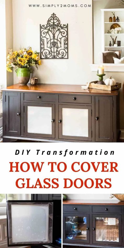 Are glass cabinet doors making your home look messy? Learn how to easily and inexpensively cover glass cabinet doors for a cleaner look! It's so simple to apply frosted glass window film and hide the items you still need to store. Cover Up Glass Cabinet Doors, Covering Glass Cabinet Doors Diy, How To Cover Glass Cabinet Doors, Covering Glass Cabinet Doors, Cover Glass Cabinet Doors, Frosted Glass Cabinet Doors, Kitchen Sinks Ideas, Kitchen Sink Organizers, Glass Door Coverings