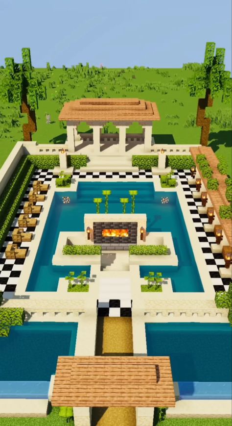 Minecraft House Backyard, Minecraft House With Pool, Minecraft Holiday Resort, Conversation Pit Minecraft, Minecraft Public Pool, Pool Ideas Minecraft, Minecraft Pool Ideas Design, Minecraft Beach Resort, Minecraft Pools