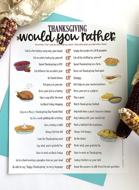 Need a fun game to play around your Thanksgiving table? Our Thanksgiving Would You Rather Free Printable Game will have everyone laughing. #thanksgiving #thanksgivinggame #thanksgivingprintablegame #thanksgivingfreeprintable Thanksgiving Table Games, Thanksgiving In Nyc, Thanksgiving Chalkboard, Thanksgiving Prints, Would You Rather Game, Free Thanksgiving Printables, Rather Questions, Thanksgiving Words, Would You Rather Questions